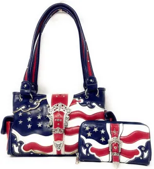 Texas West American Flag Rhinestone Women's Handbags Purse Wallet Set in Multi-Color