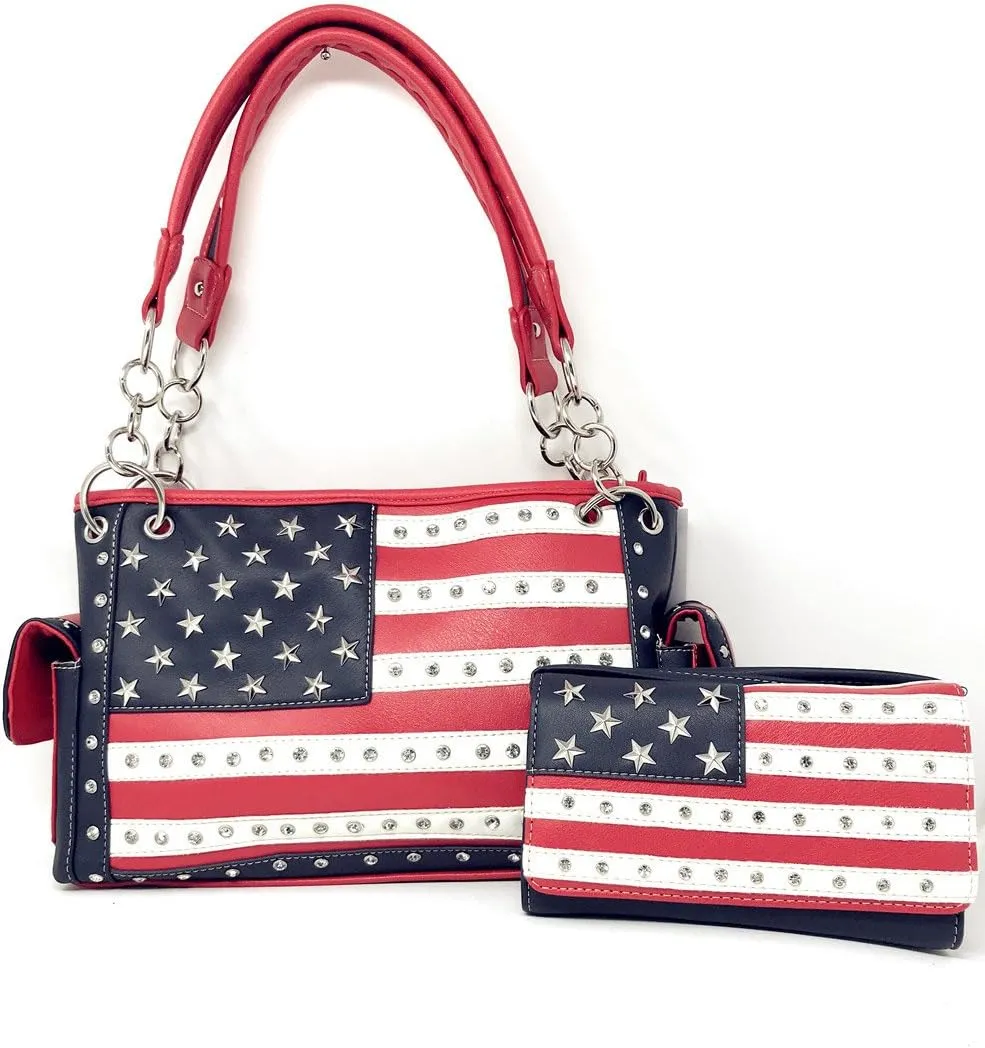 Texas West American Flag Rhinestone Women's Handbags Purse Wallet Set in Multi-Color