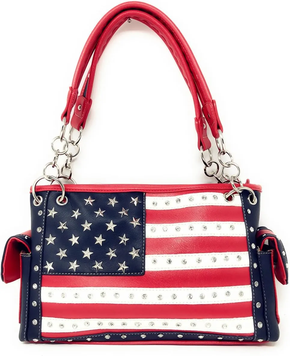 Texas West American Flag Rhinestone Women's Handbags Purse Wallet Set in Multi-Color