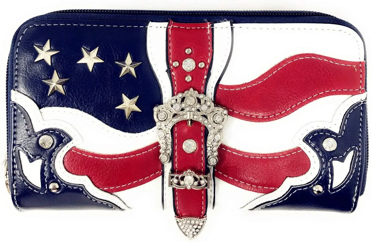 Texas West American Flag Rhinestone Women's Handbags Purse Wallet Set in Multi-Color