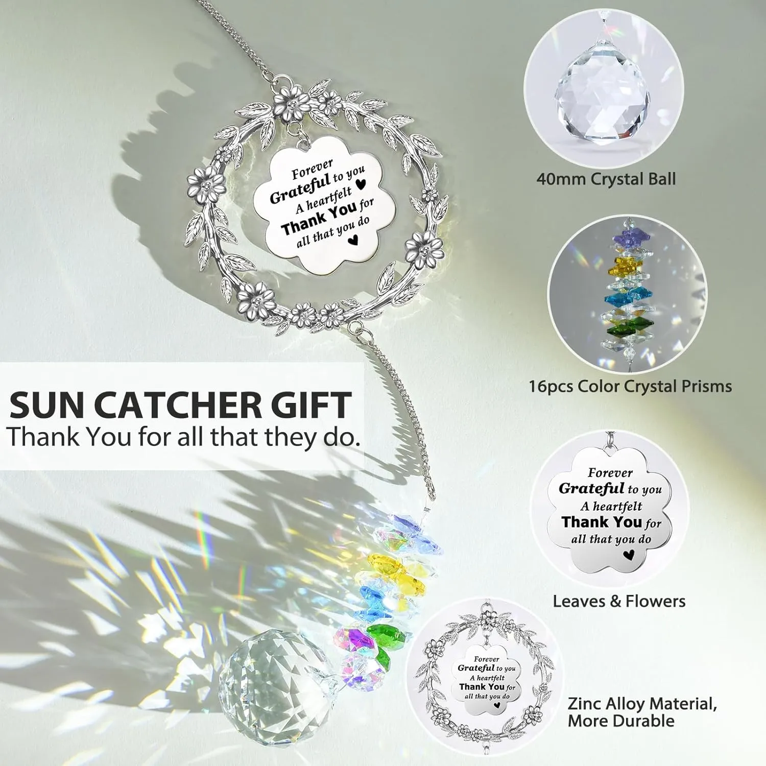 Thank You Gifts for Women, Sun Catcher Gift with Engraved Thank You Message, Hanging Crystal Suncatcher Ornament for Window Rainbow Maker, Appreciation Gift, Gratitude Gifts for Friend Family Teacher