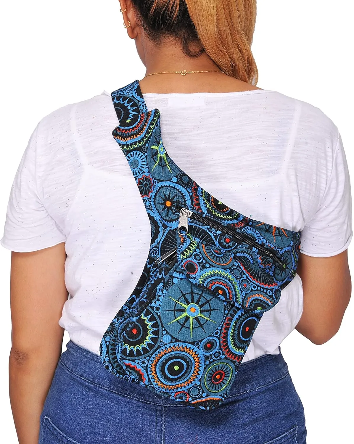 The Collection Royal Handmade Festival Waistpack Boho Hippie Waist Bag Hip Bum Running Belt Fanny Pack Travel Utility Belt (Black-Turq)