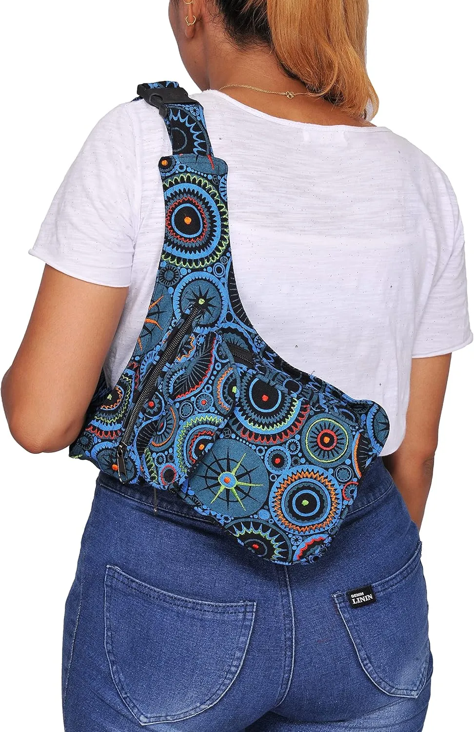 The Collection Royal Handmade Festival Waistpack Boho Hippie Waist Bag Hip Bum Running Belt Fanny Pack Travel Utility Belt (Black-Turq)