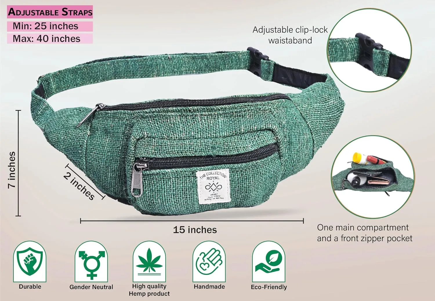 The Collection Royal Himalayan Hemp Fanny Pack, Eco-friendly, Fanny Packs Boho, Hippie Fanny Pack, Waist Belt, Travel Utility Belt