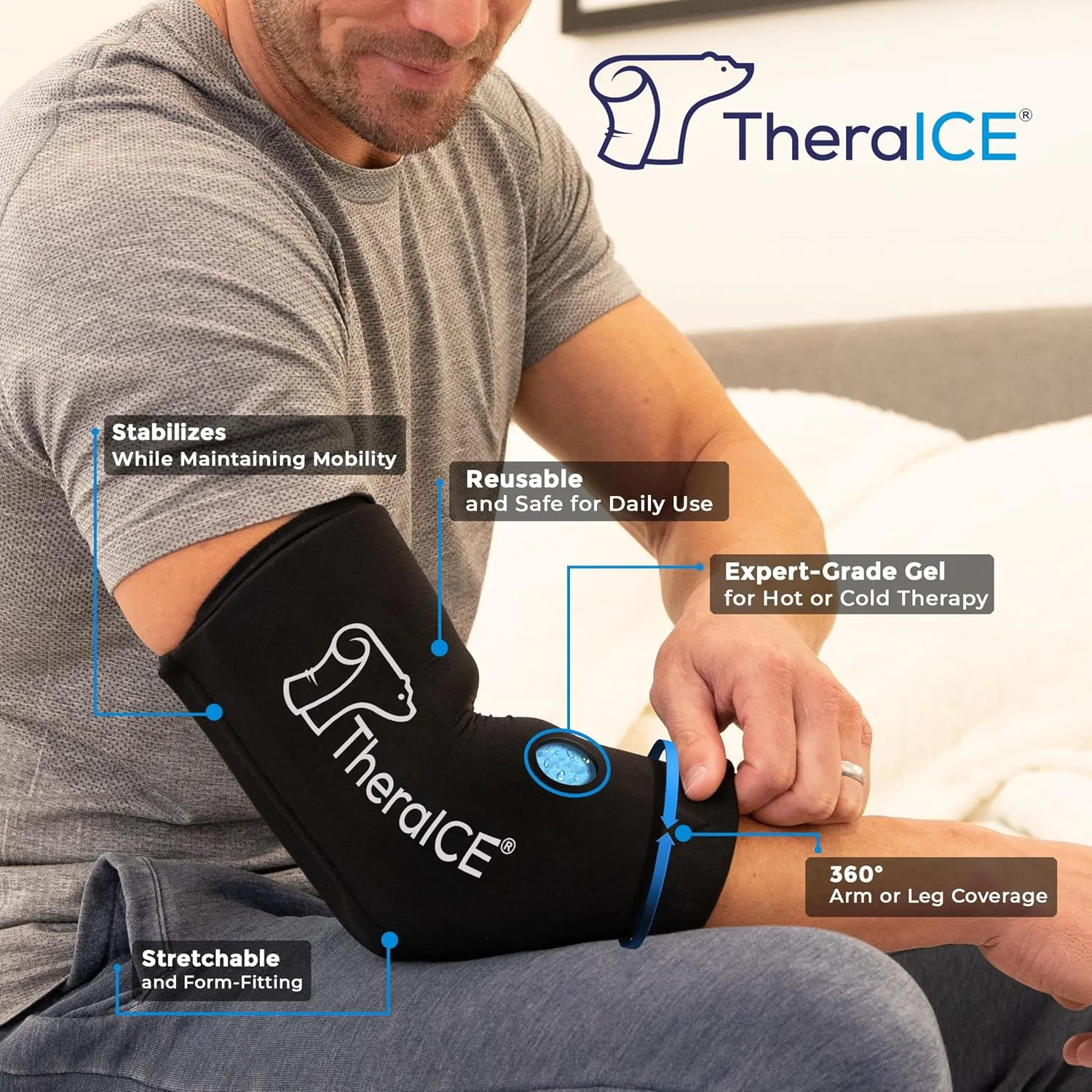 TheraICE Elbow Ice Pack Compression Sleeve for Injuries, Reusable Gel Cold Packs Brace for Knee, Shin Splints, Calf Strain, Flexible Cold Wrap Recovery for Tennis Elbow, Tendinitis Pain Relief (S)