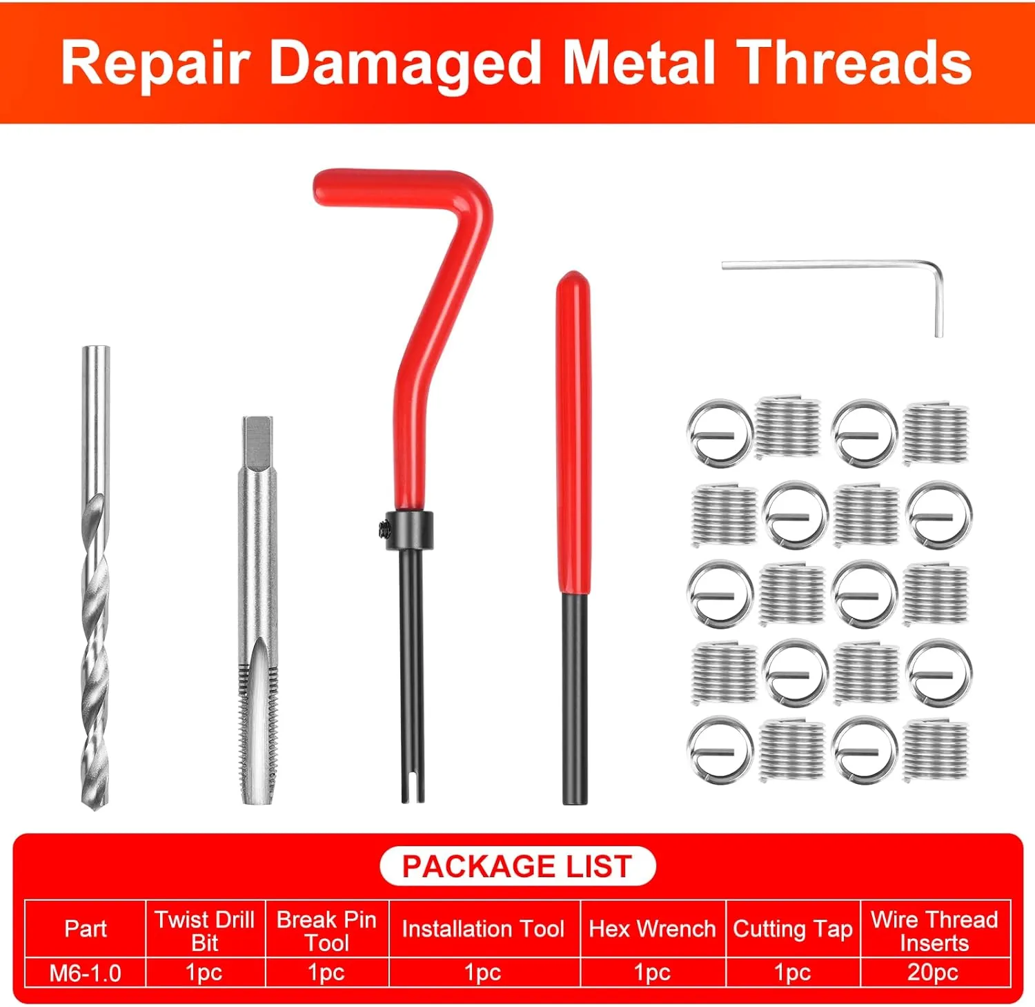Thread Repair Kit M6 X 1.0mm, Helicoil Metric Thread Repair Insert Kit with HSS Drill Bits, Rethreading Inserts Tool Set for Damaged Thread Repairing