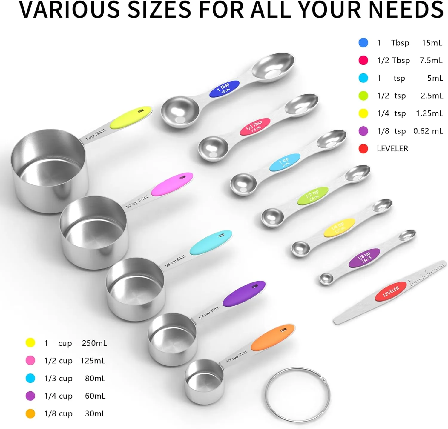 TILUCK measuring cups and magnetic measuring spoons set, stainless steel measuring cups, 6 double-sided stainless steel measuring spoons & 1 leveler (5 7)