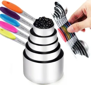 TILUCK measuring cups and magnetic measuring spoons set, stainless steel measuring cups, 6 double-sided stainless steel measuring spoons & 1 leveler (5 7)