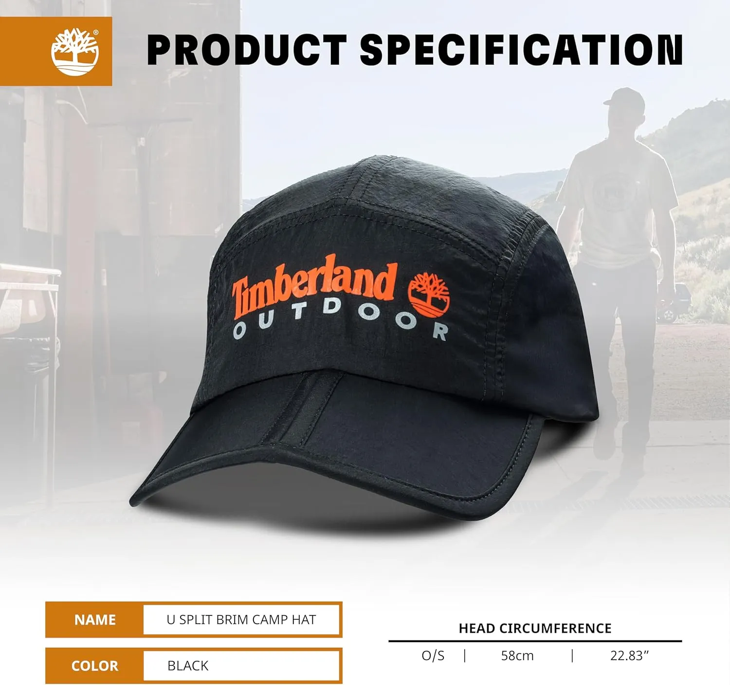 Timberland Split Brim Foldable Camp Hat, Adjustable 5 Panel Hat, Lightweight and Breathable Fabric for Outdoor Adventures