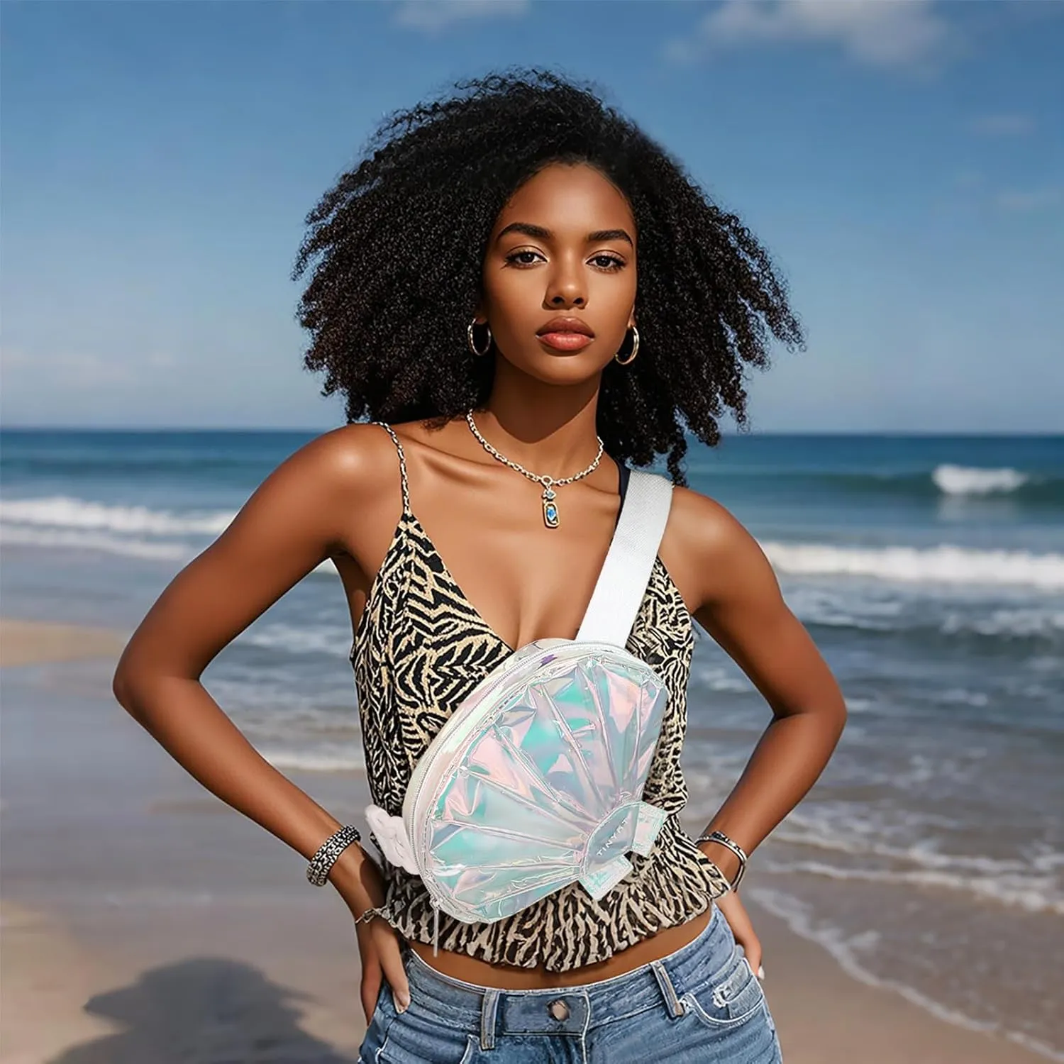 TINYAT Seashell Fanny Pack for Women Waterproof Waist Pack Cute Belt Bag with Adjustable Strap for Outdoor Party Travel,T1956