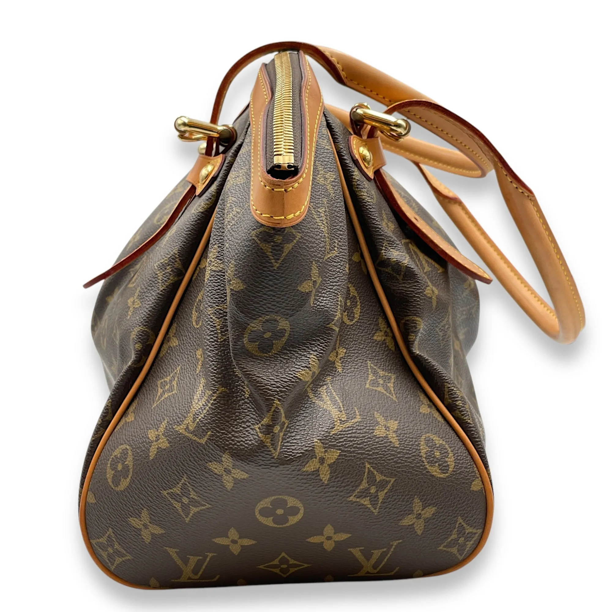 Tivoli GM Brown Monogram Top Handle Bag in Coated Canvas, Gold hardware