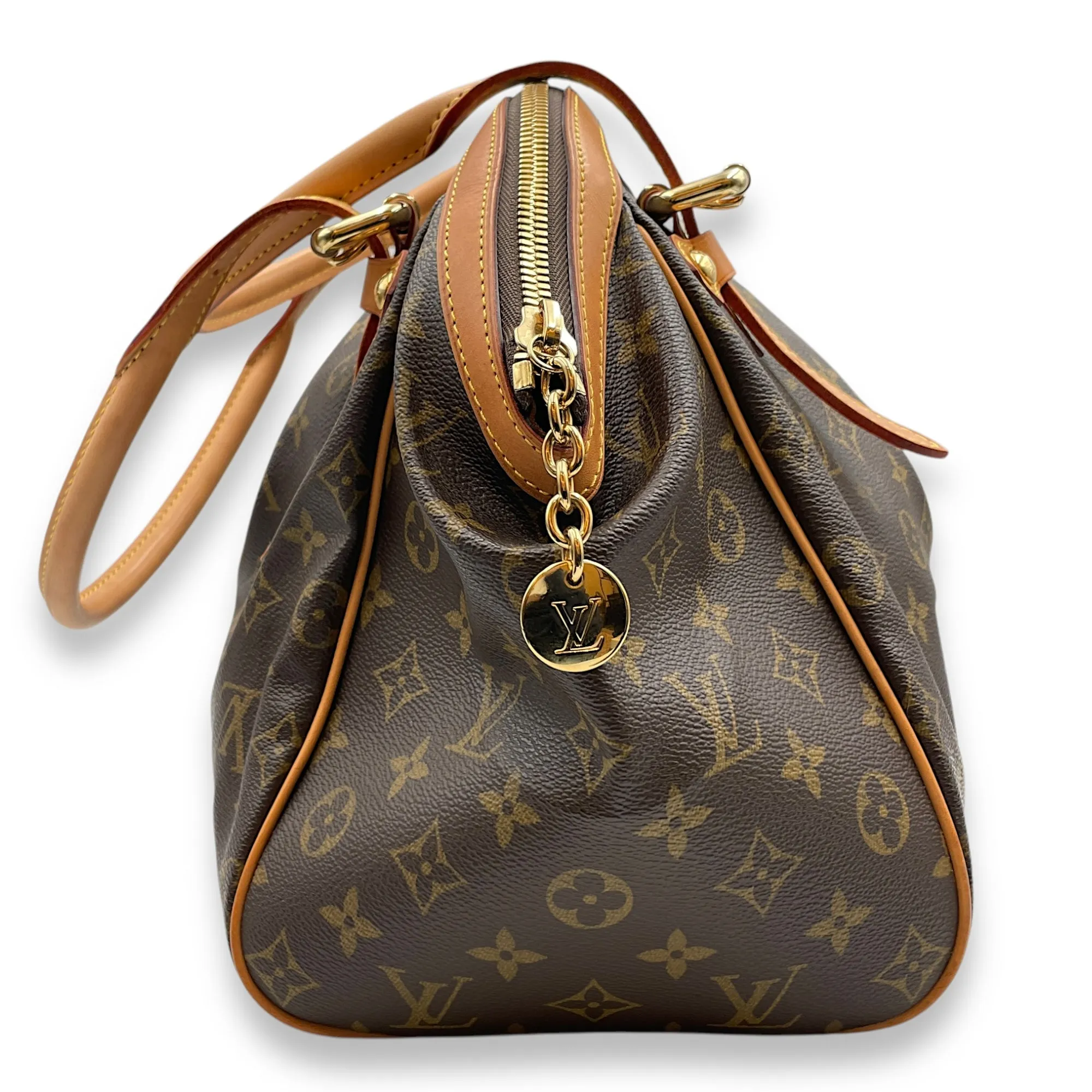 Tivoli GM Brown Monogram Top Handle Bag in Coated Canvas, Gold hardware