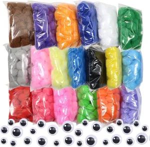 TOAOB 570pcs 1 Inch Assorted Pom Poms Multi Color Fuzzy Pompoms Balls Art Supplies with Wiggle Eyes for DIY Crafts Decorations