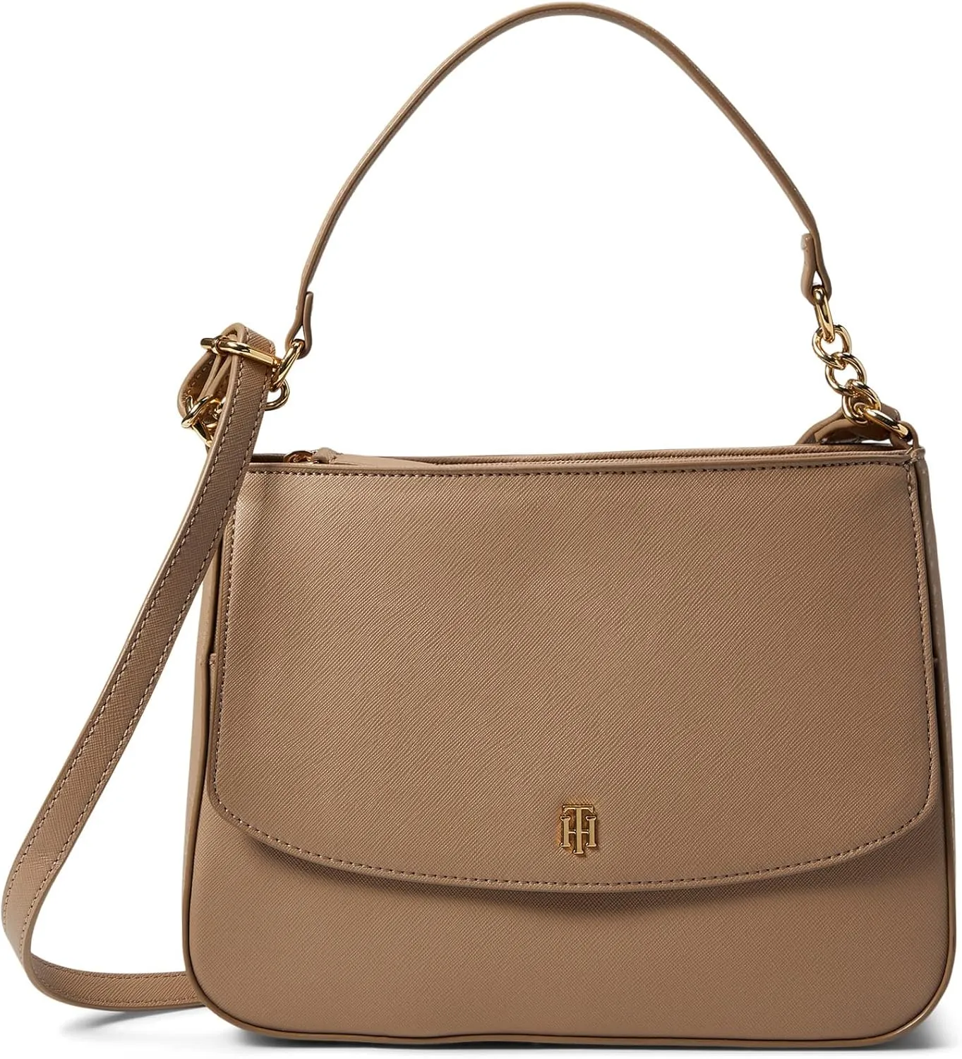 Tommy Hilfiger Yvette II Top-Handle Flap Satchel Saffiano PVC Sherwood Tan One Size