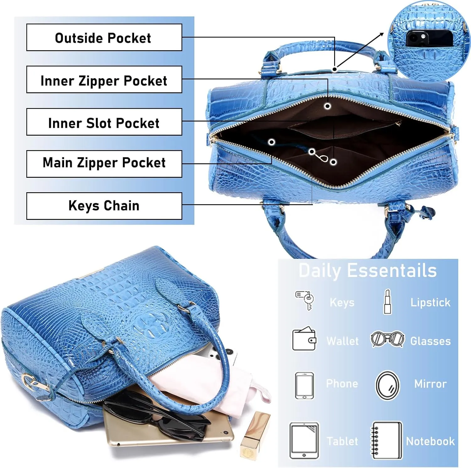 Top-Handle Crocodile Purses For Women Crossbody Leather Bags Trendy Large Capacity Tote with Shoulder Strap
