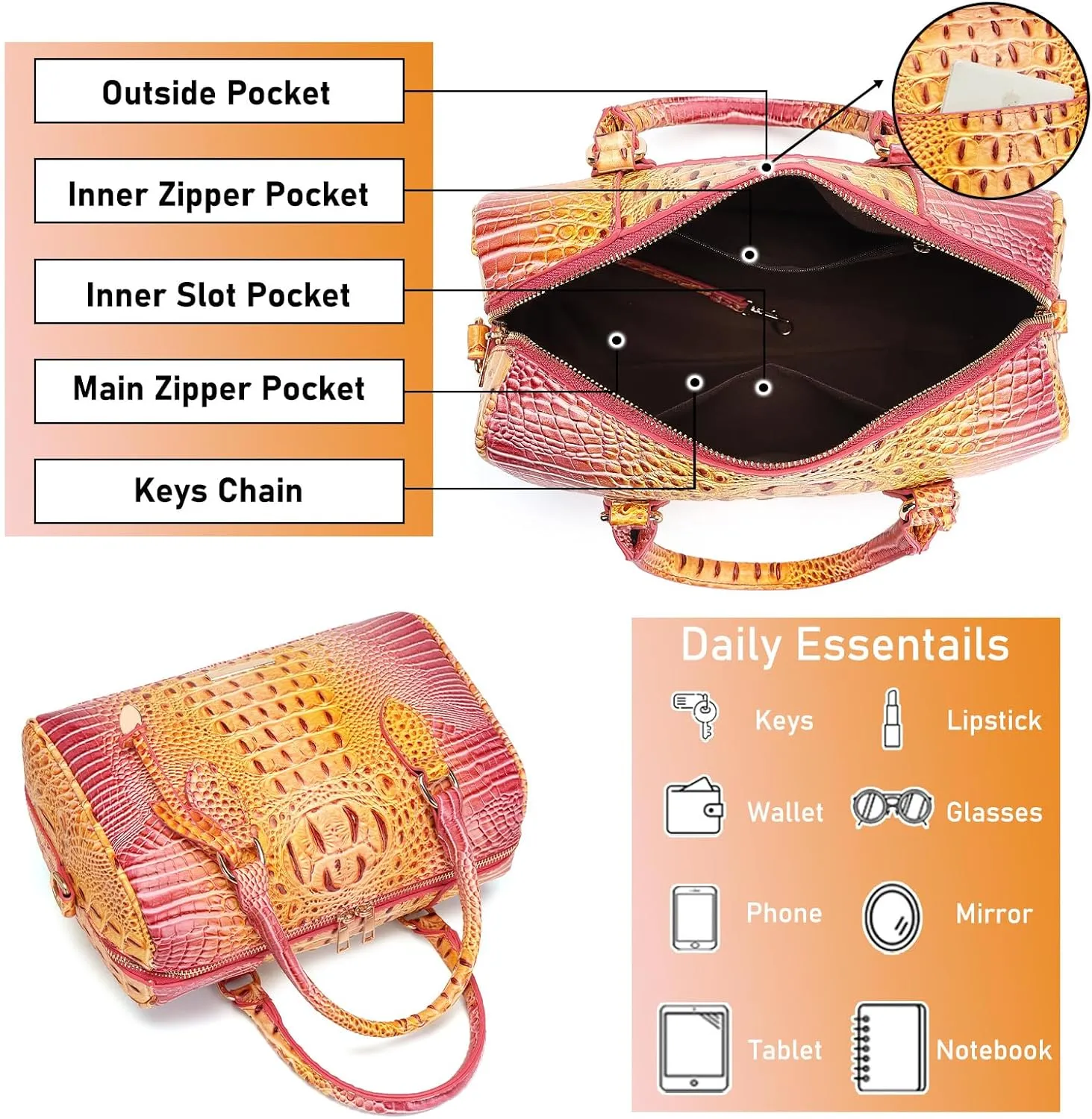 Top-Handle Crocodile Purses For Women Crossbody Leather Bags Trendy Large Capacity Tote with Shoulder Strap