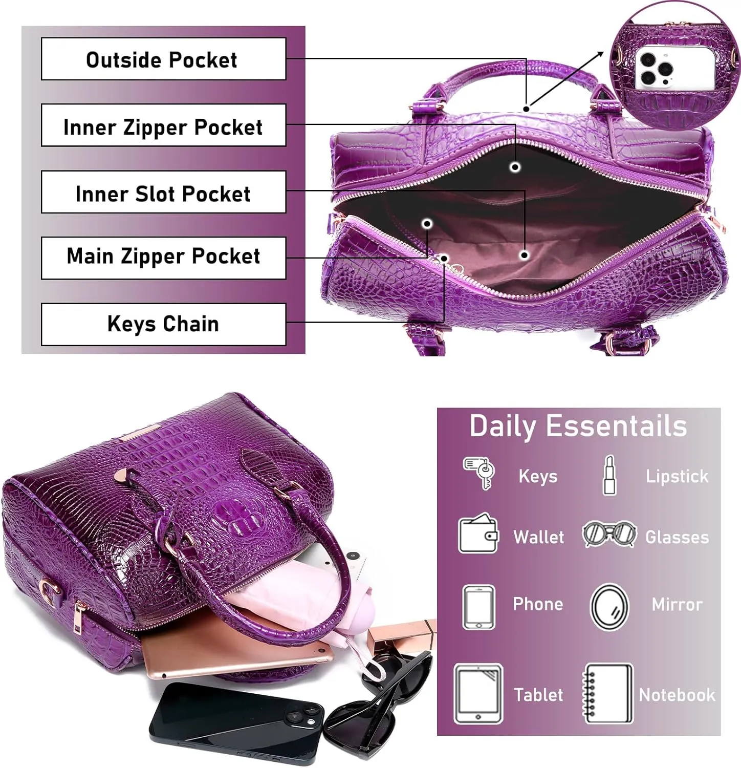 Top-Handle Crocodile Purses For Women Crossbody Leather Bags Trendy Large Capacity Tote with Shoulder Strap