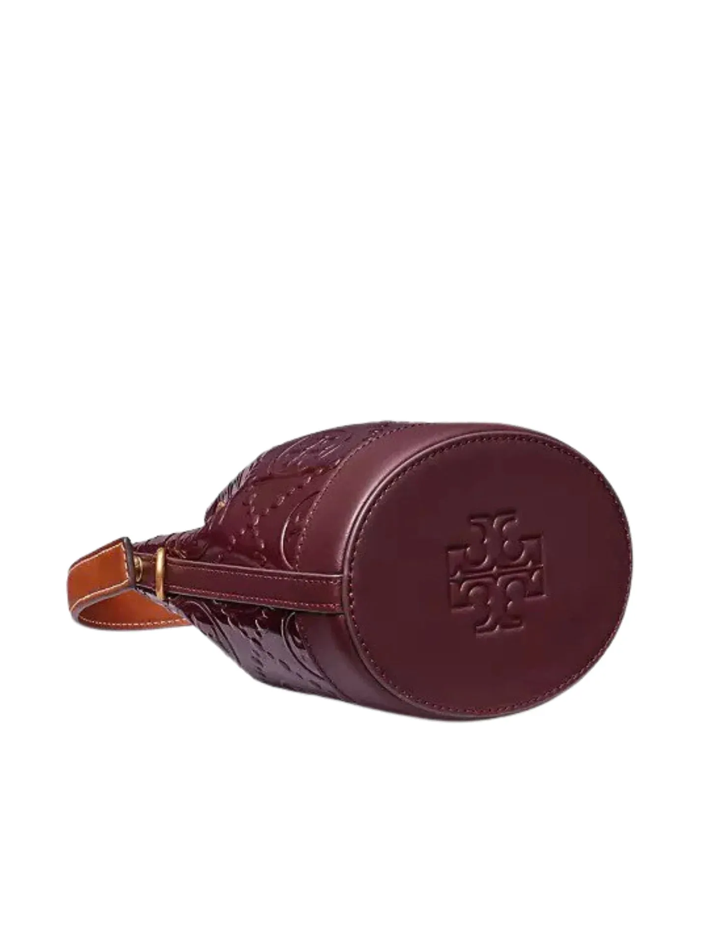 Tory Burch T Monogram Patent Embossed Mini Bucket Bag Albarossa