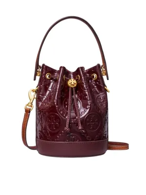 Tory Burch T Monogram Patent Embossed Mini Bucket Bag Albarossa