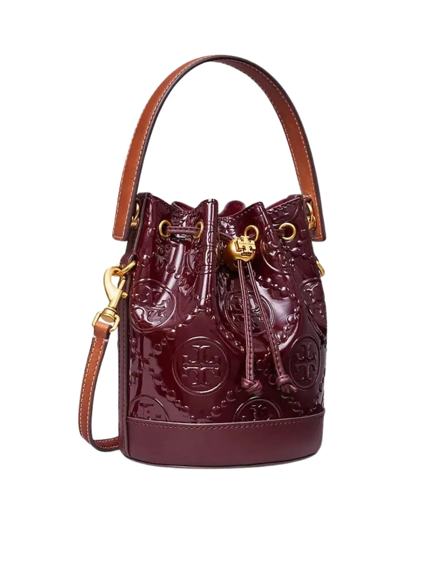 Tory Burch T Monogram Patent Embossed Mini Bucket Bag Albarossa