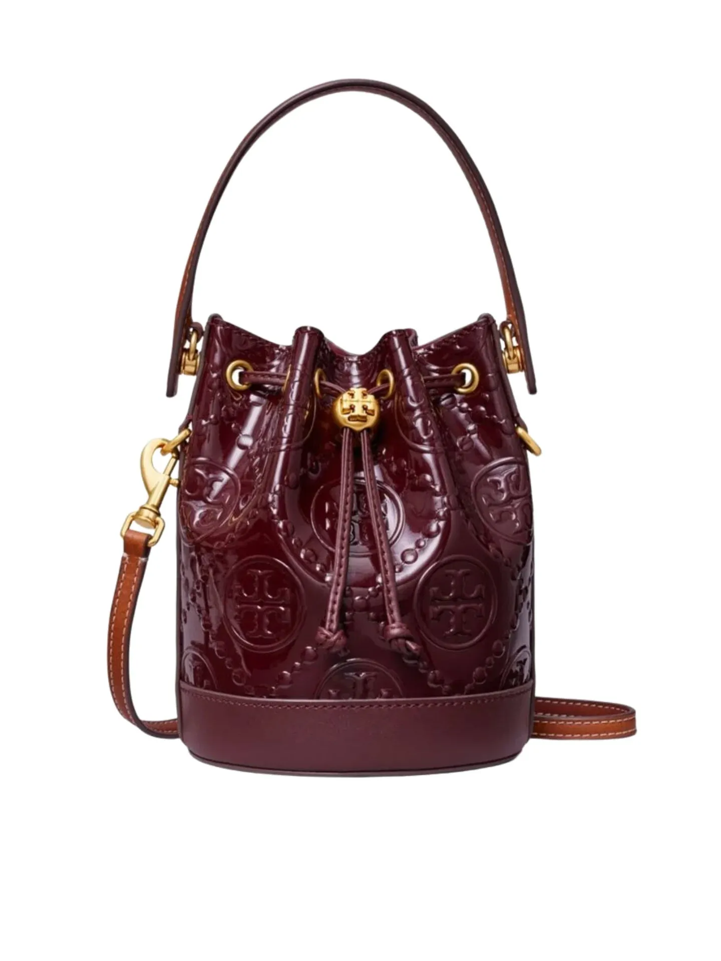Tory Burch T Monogram Patent Embossed Mini Bucket Bag Albarossa