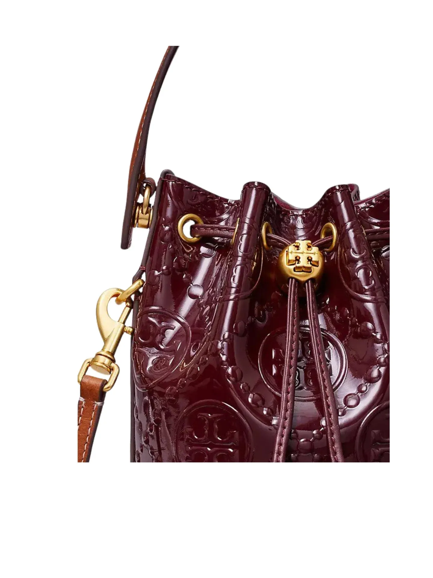 Tory Burch T Monogram Patent Embossed Mini Bucket Bag Albarossa