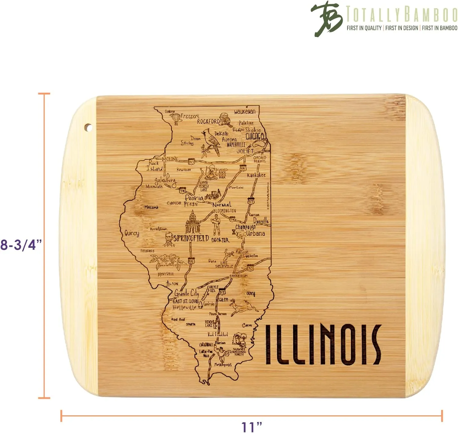 Totally Bamboo A Slice of Life Illinois State Serving and Cutting Board, 11" x 8.75"
