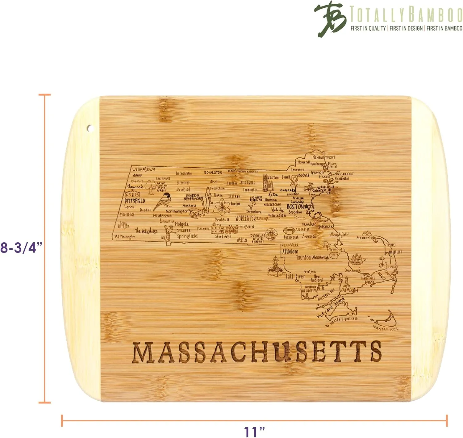 Totally Bamboo A Slice of Life Massachusetts State Serving and Cutting Board, 11" x 8.75"