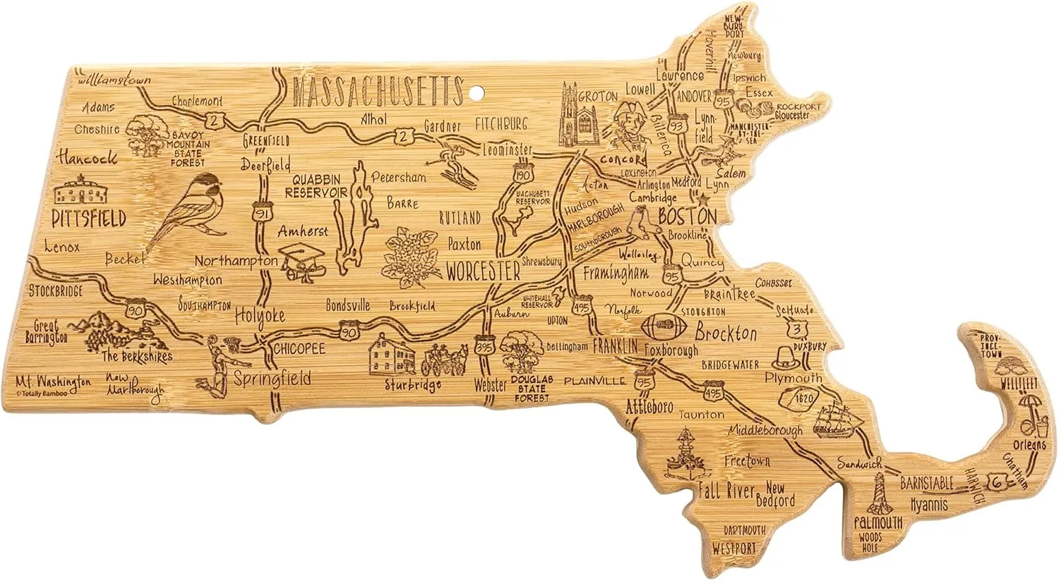 Totally Bamboo Destination Massachusetts State Shaped Serving and Cutting Board, Includes Hang Tie for Wall Display