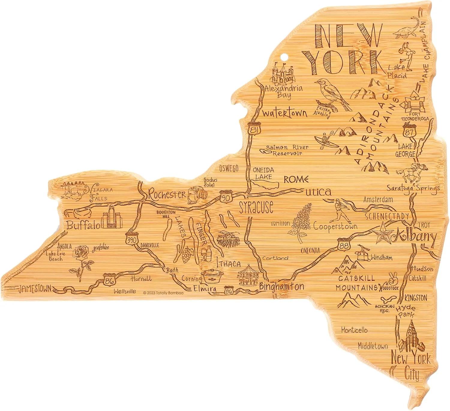 Totally Bamboo Destination New York State Shaped Serving and Cutting Board, Includes Hang Tie for Wall Display