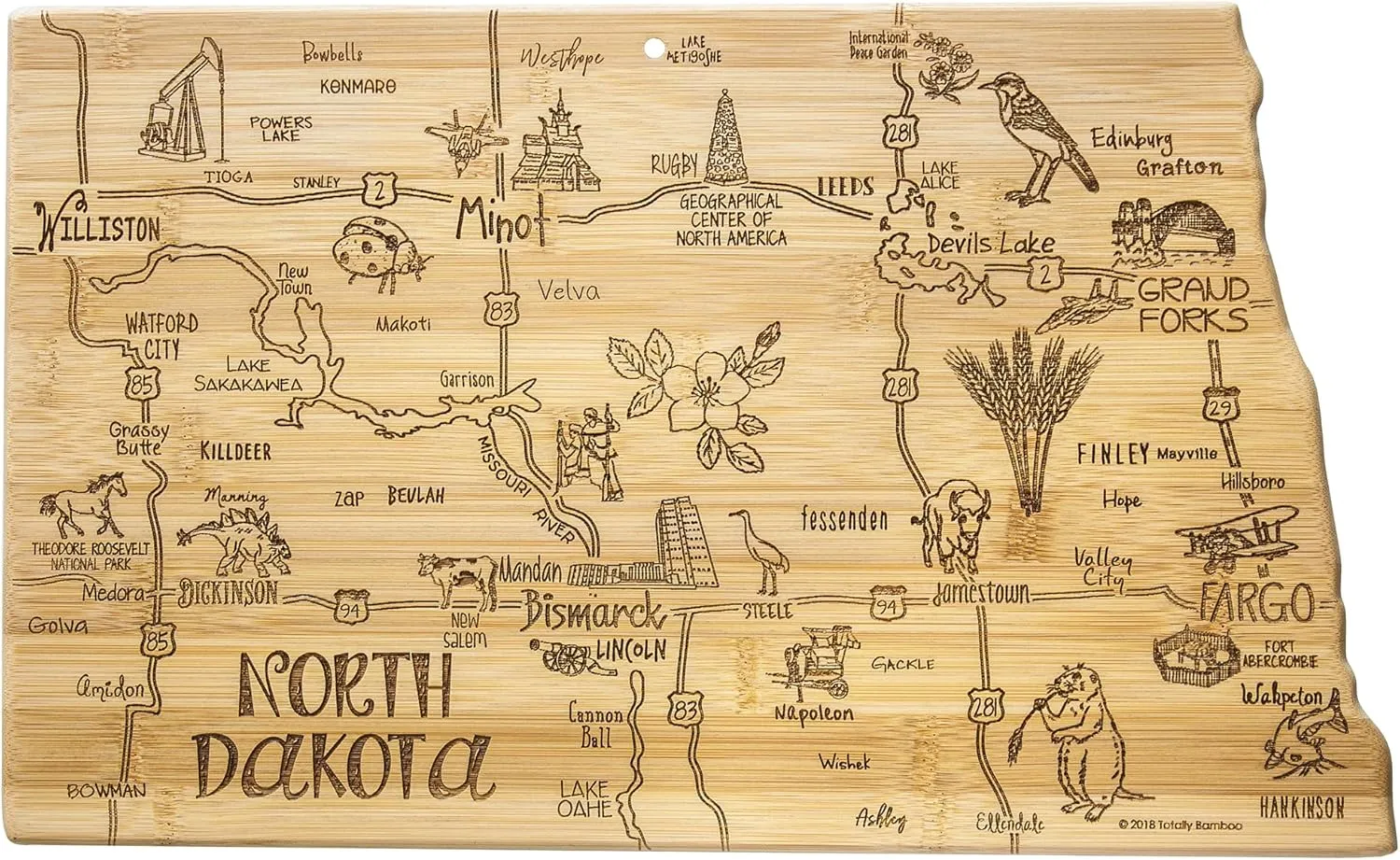 Totally Bamboo Destination North Dakota State Shaped Serving and Cutting Board, Includes Hang Tie for Wall Display