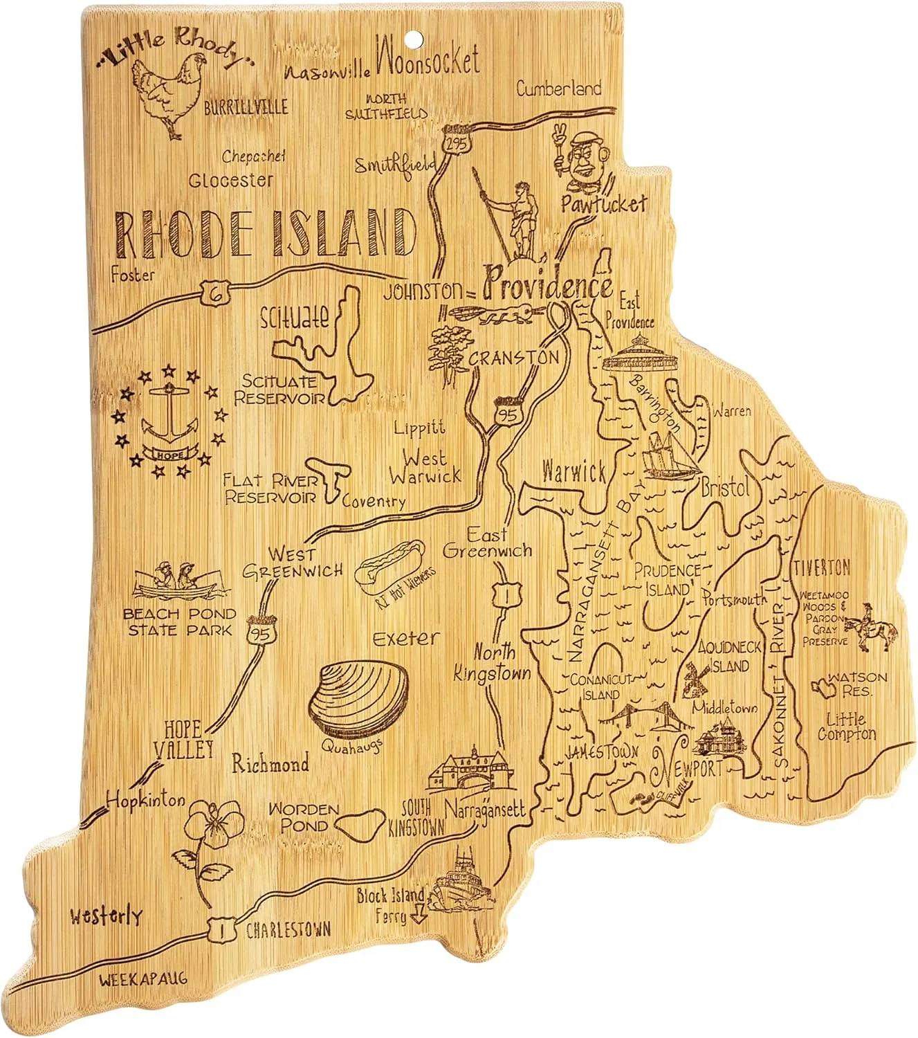 Totally Bamboo Destination Rhode Island State Shaped Serving and Cutting Board, Includes Hang Tie for Wall Display