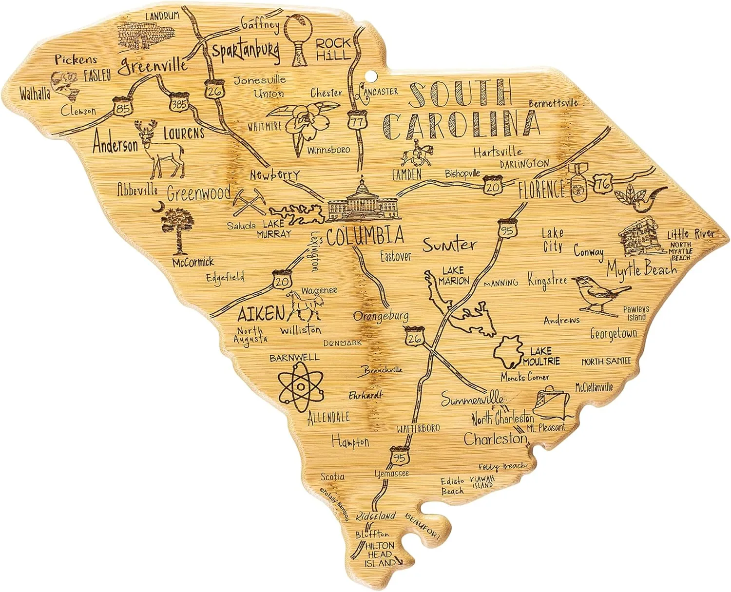 Totally Bamboo Destination South Carolina State Shaped Serving and Cutting Board, Includes Hang Tie for Wall Display