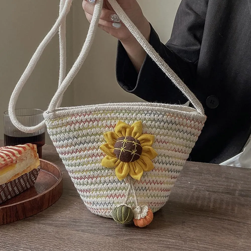 Tote Bag for Women Cotton Satchel Purse Hand-Woven Shoulder Handbag Hobo Bag Flower Crossbody Bags for Women Multi(Sunflower)