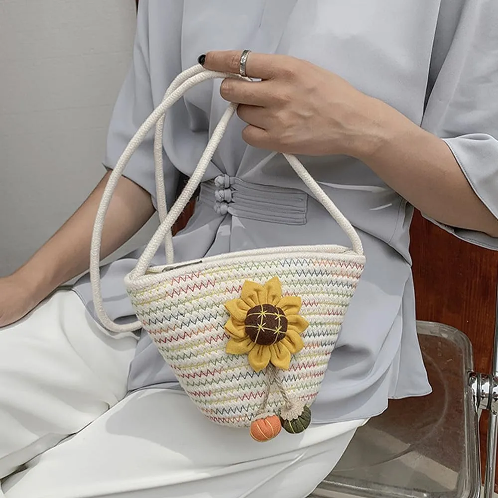 Tote Bag for Women Cotton Satchel Purse Hand-Woven Shoulder Handbag Hobo Bag Flower Crossbody Bags for Women Multi(Sunflower)