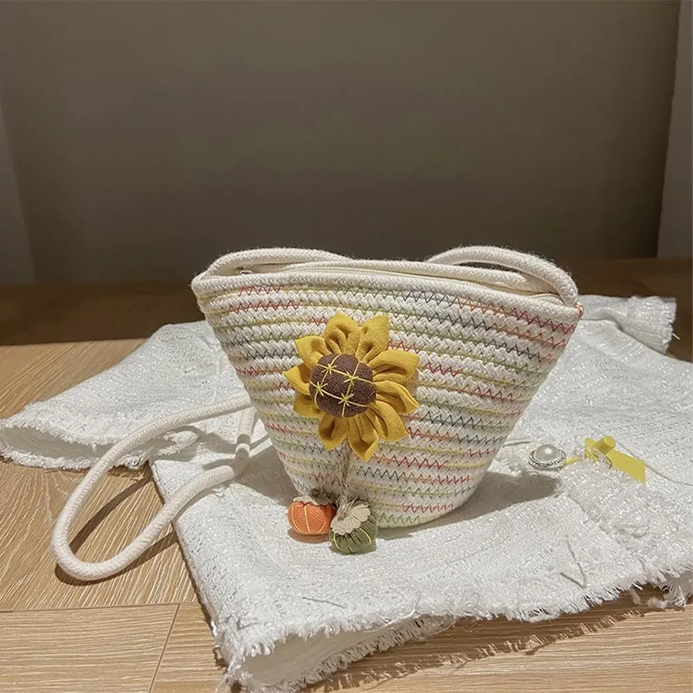 Tote Bag for Women Cotton Satchel Purse Hand-Woven Shoulder Handbag Hobo Bag Flower Crossbody Bags for Women Multi(Sunflower)