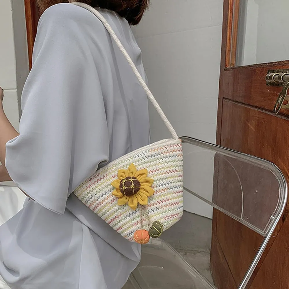 Tote Bag for Women Cotton Satchel Purse Hand-Woven Shoulder Handbag Hobo Bag Flower Crossbody Bags for Women Multi(Sunflower)