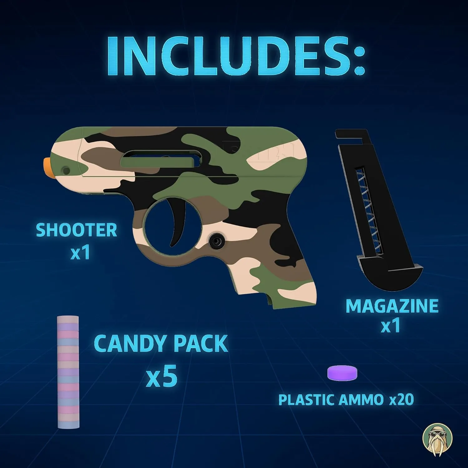 Toy Gun That Shoots Candy - The Smartee Shooter - Shoots Fast and Far - Over 40 feet & Over 70 fps. Working Magazine & Slide. 5 Packs of Candy & 20 Pieces of Plastic Ammo. (American Flag)