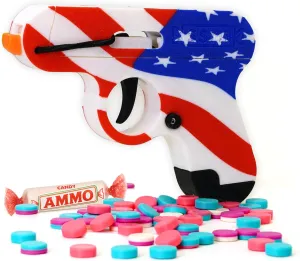 Toy Gun That Shoots Candy - The Smartee Shooter - Shoots Fast and Far - Over 40 feet & Over 70 fps. Working Magazine & Slide. 5 Packs of Candy & 20 Pieces of Plastic Ammo. (American Flag)