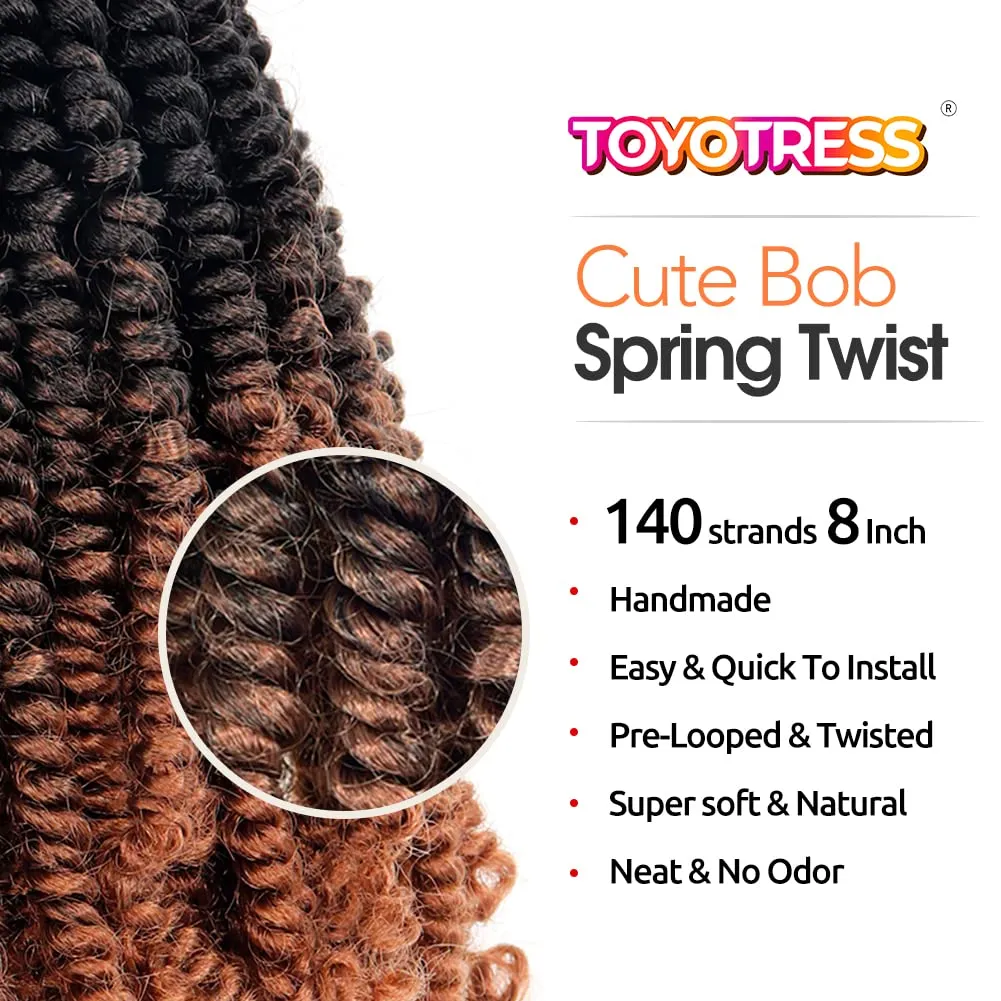 Toyotress Bob Spring Twist Hair - 8 Inch 7 Packs Ombre Brown Pre-twisted Crochet Hair Spring Twists Crochet Braids, Synthetic Braiding Hair Extensions (8 Inch, OT30-7P)