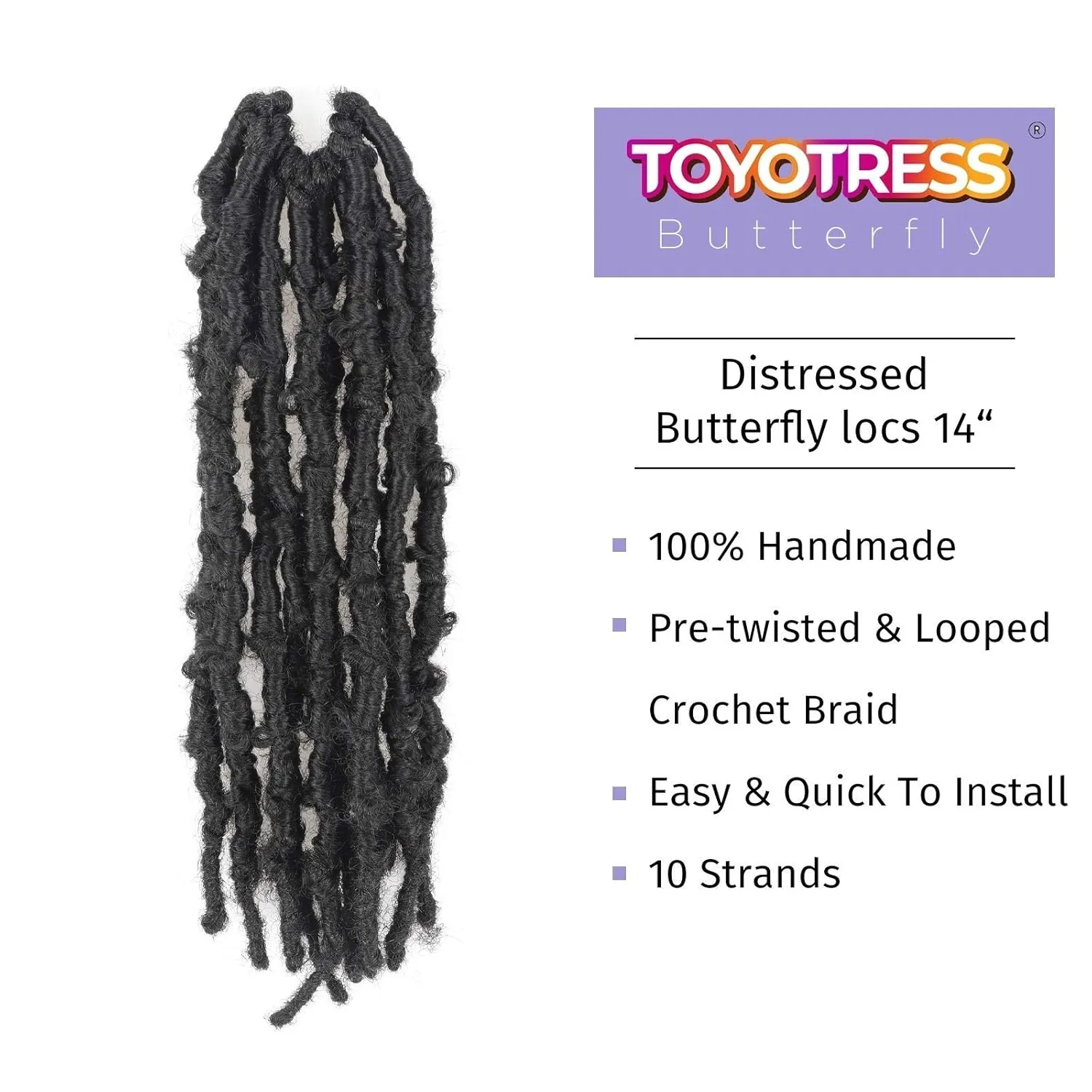TOYOTRESS Butterfly Locs Crochet Hair - 14 inch 8 Pcs Pre-twisted Distressed Crochet Braids Pre-looped Synthetic Braiding Hair Extensions (14 Inch,1B)