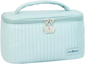Travel Makeup Bag, Top Open Makeup Case with Handle, Portable Cosmetic Bag with Brush Holder, Soft PU Leather Toiletry Bag for Women, Light Blue