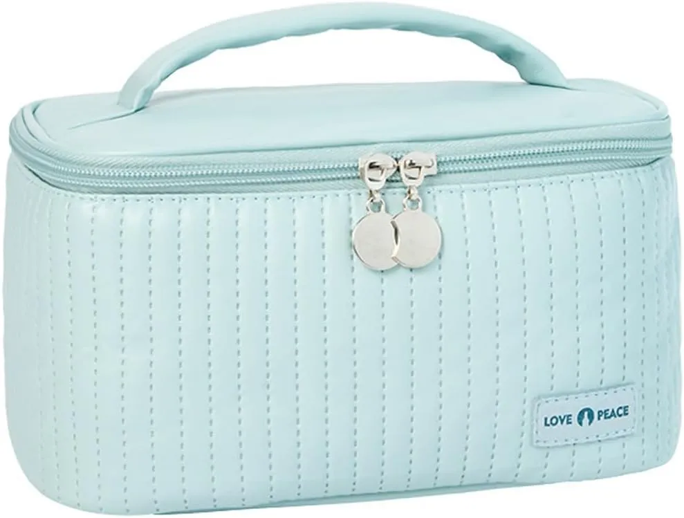 Travel Makeup Bag, Top Open Makeup Case with Handle, Portable Cosmetic Bag with Brush Holder, Soft PU Leather Toiletry Bag for Women, Light Blue
