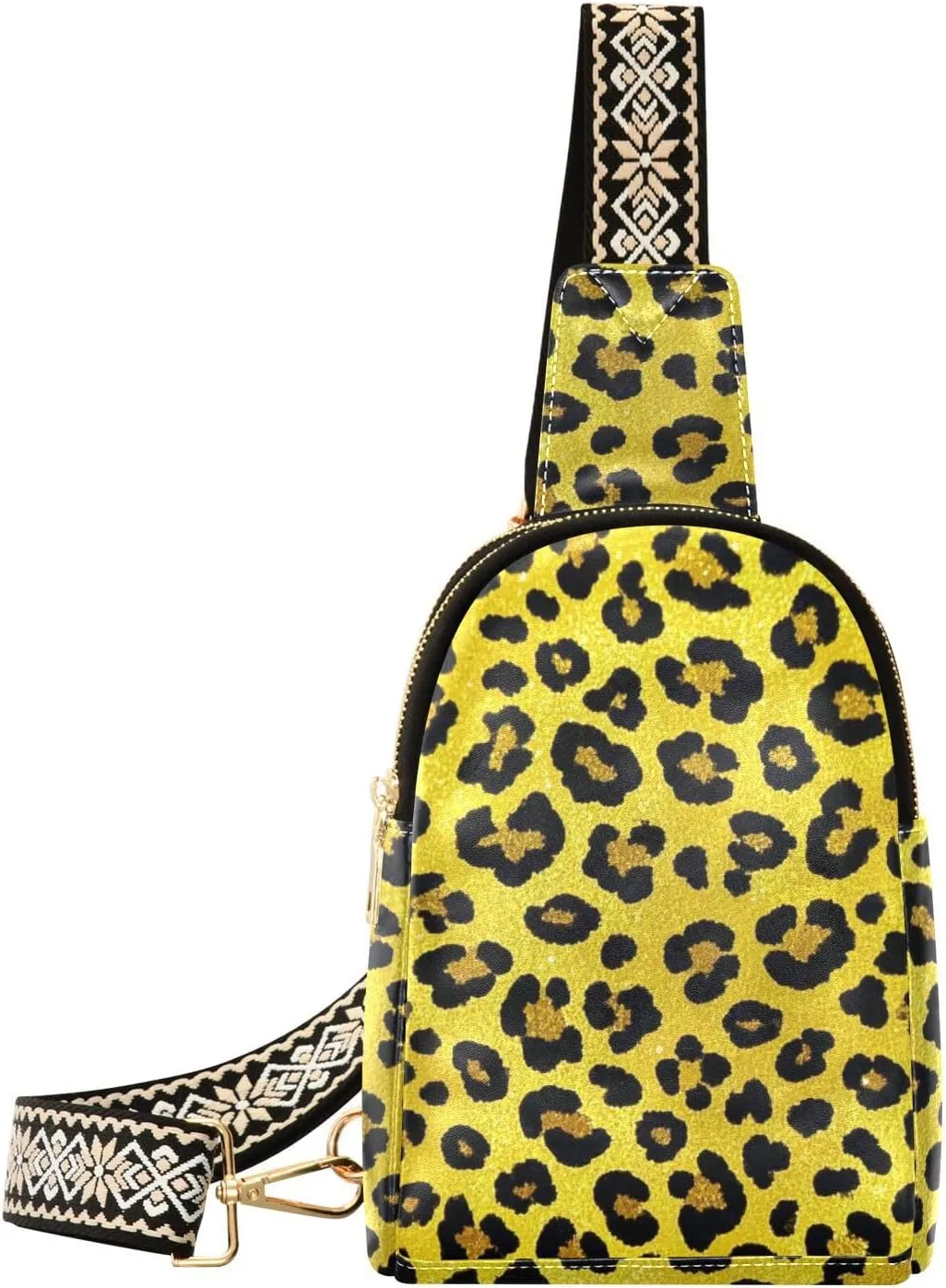 trendy Fake Glitter Leopard Print Yellow fanny pack diaper fashion over shoulder bag for travel
