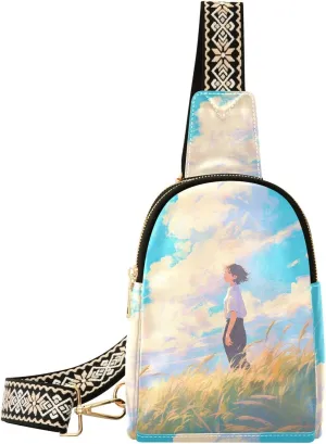 trendy Pastoral Style Green Field Blue Sky fanny pack crossbody lightweight small cross body bag for travel