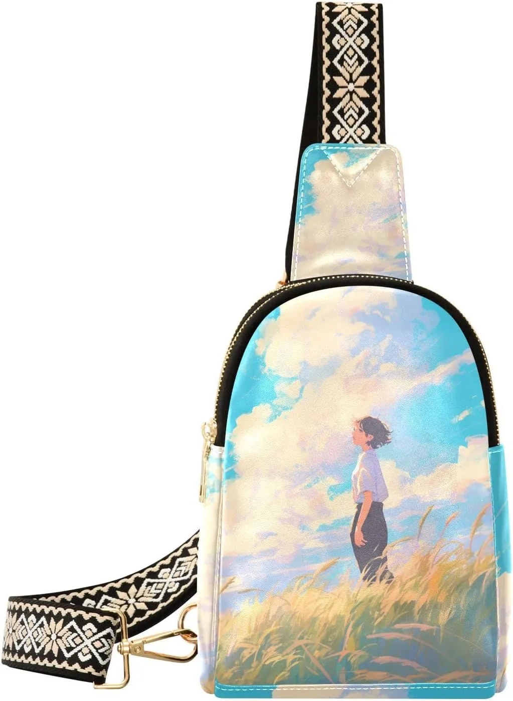 trendy Pastoral Style Green Field Blue Sky fanny pack crossbody lightweight small cross body bag for travel