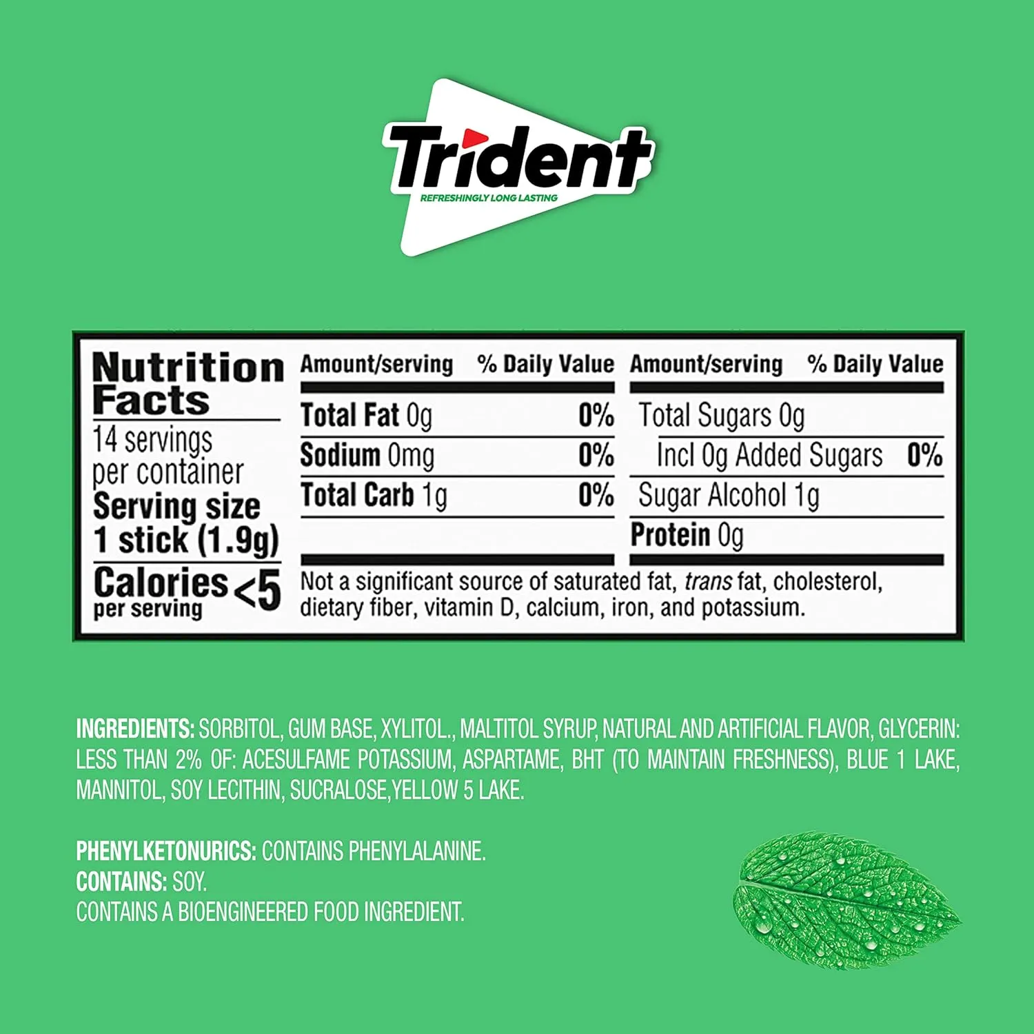 Trident Spearmint Sugar Free Gum, 24 Packs of 14 Pieces (336 Total Pieces)