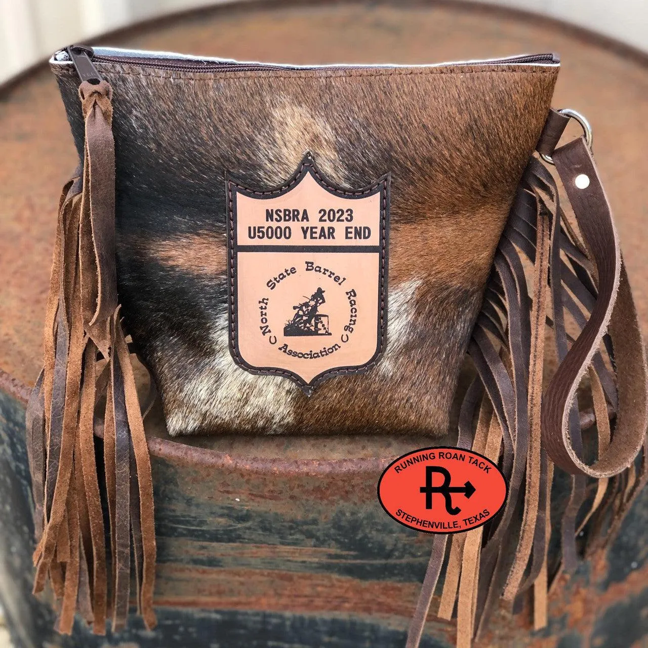Trophy Wristlet Makeup Cosmetic Bag with Fringe and Lettering by Running Roan Tack CLICK TO SEE QUANTITY DISCOUNTS
