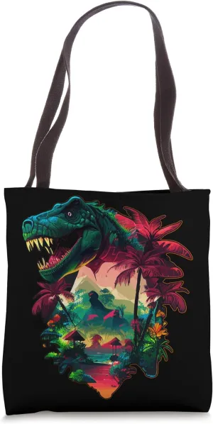 Tropical Botanical Flowers Cretaceous Dinosaur Island T Rex Tote Bag