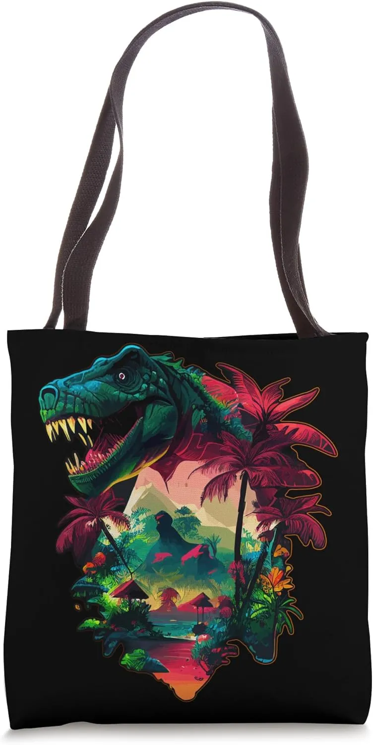Tropical Botanical Flowers Cretaceous Dinosaur Island T Rex Tote Bag